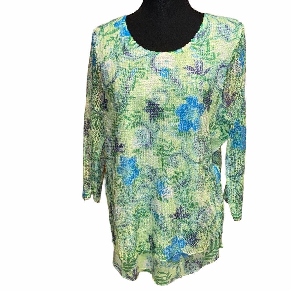 Comfort Oasis Floral Blouse Green and Blue Women's Large